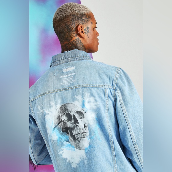 BOOHOO MAN QUAVO SKULL AND FLAME DENIM JACKET - Picture 4 of 7